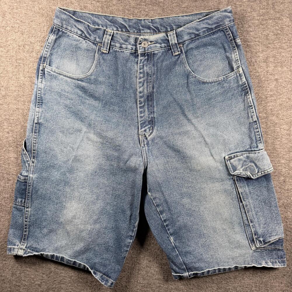 Vintage Y2K Mens Baggy Denim Cargo Jorts Carpenter Shorts Light Wash Size 36